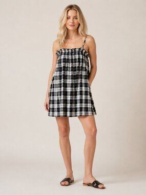 2/$30 Which We Want Plaid Spaghetti Strap Tent Dress Black White Medium #A3514